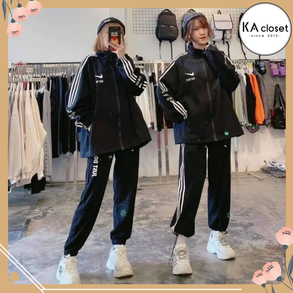 🆕 Set bộ thể thao just KA Closet chất nỉ ngoại, form rộng unisex 40-70kg, màu Đen, trẻ trung, khỏe khoắn