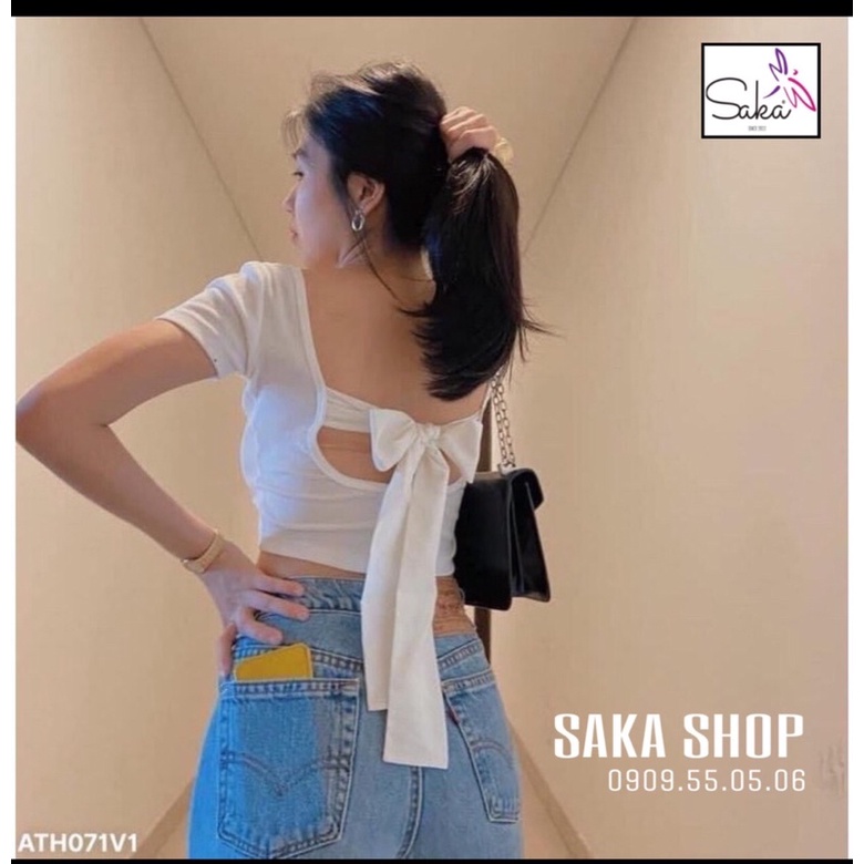 Áo thun nữ croptop tay ngắn buộc dây lưng 2 màu trắng đen