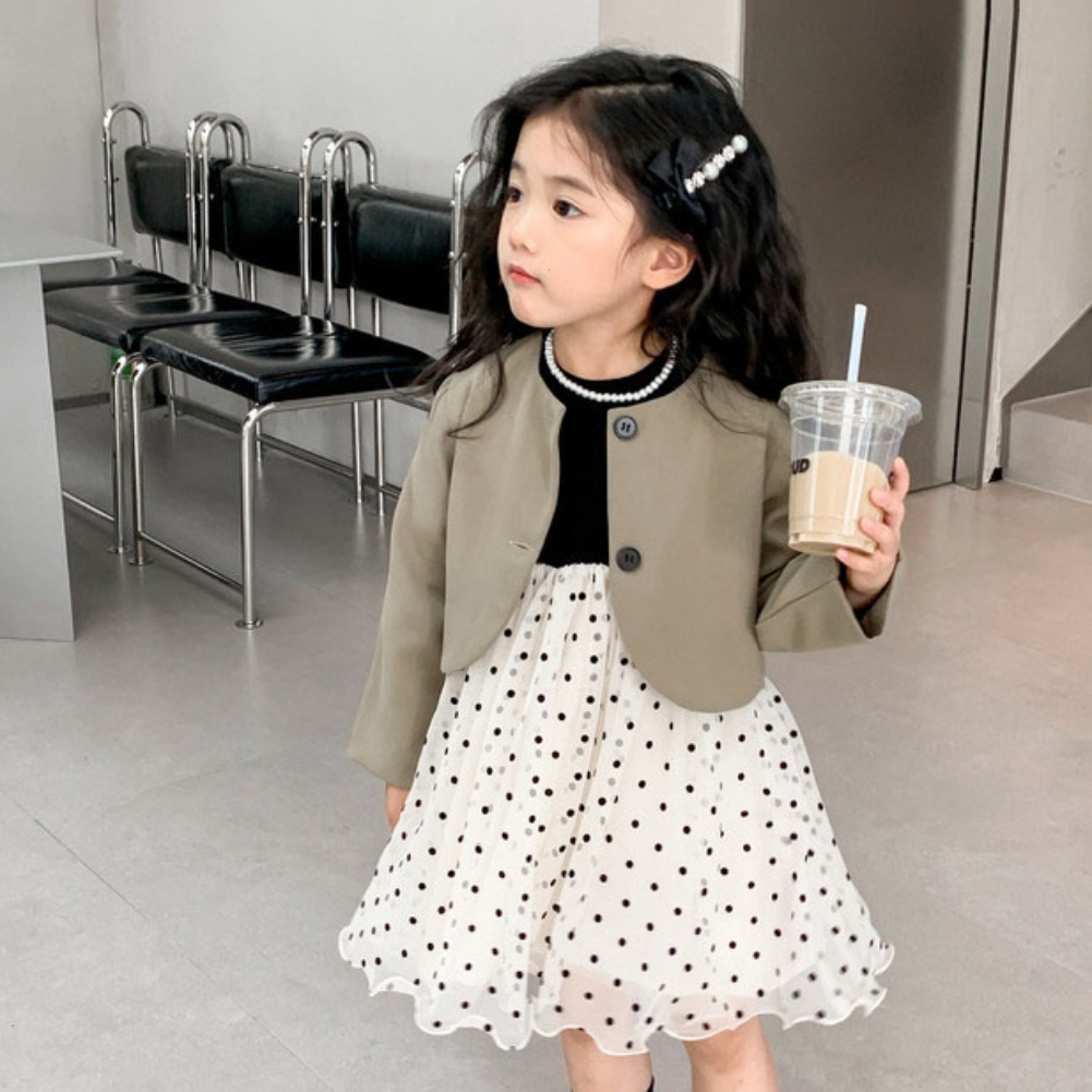 Bộ Đầm Tay Dài Phối Lưới Chấm Bi + Áo Khoác Thắt Nơ Phong Cách Hàn Quốc Thời Trang Mùa Thu Cho Bé Gái