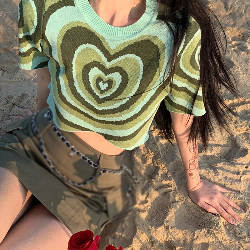 Áo Thun Dệt Kim Tay Ngắn Cổ Tròn In Hình Trái Tim Thời Trang Dành Cho Nữ