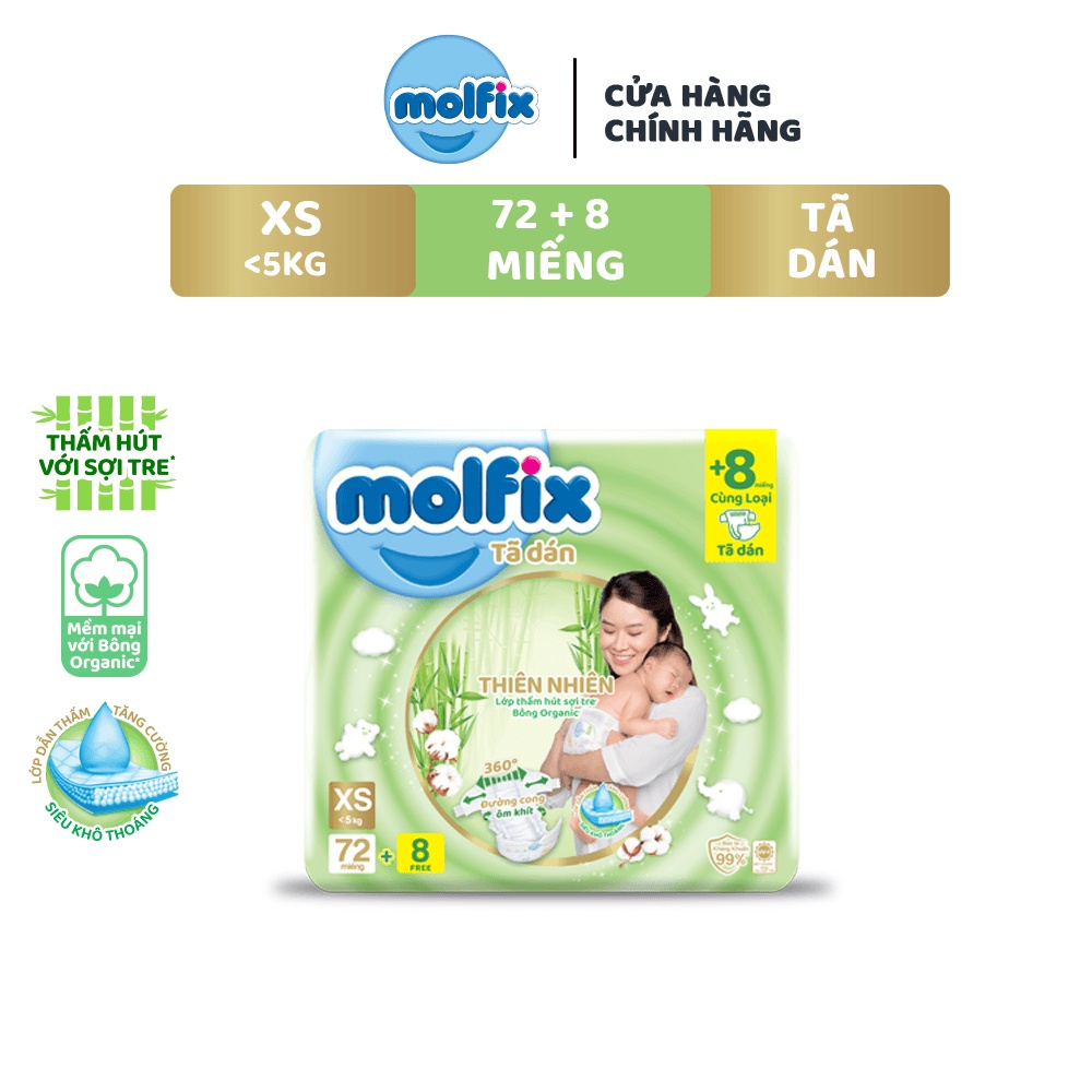 Tã dán sơ sinh Molfix Thiên nhiên Jumbo Newborn (dưới 5kg) Gói 72+8 miếng