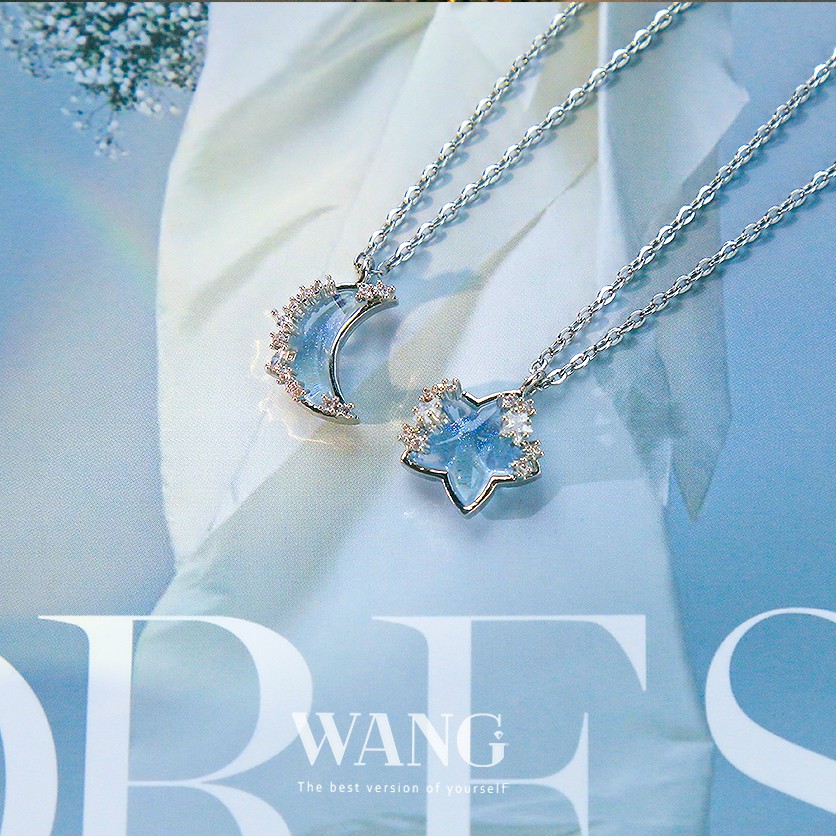 Bộ Hai Vòng cổ Thép 18k Mặt Trăng Ngôi Sao Đính Đá Zircon Đổi Màu Chất Lượng Cao