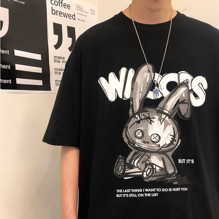 Áo Thun Tay Lỡ Hình Con Thỏ Ngỗ Nghĩnh , Phông Phom Thụng Phong Cách Unisex Dành Cho Nam Nữ
