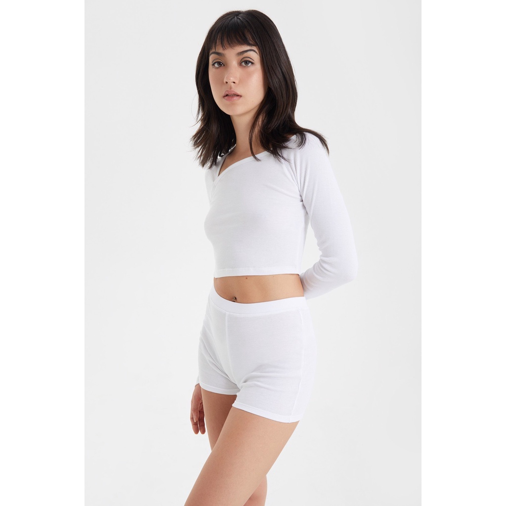 TheBlueTshirt - Áo Thun Tay Dài Nữ Màu Trắng - Long Sleeve Neckline Rib Cotton Top - White
