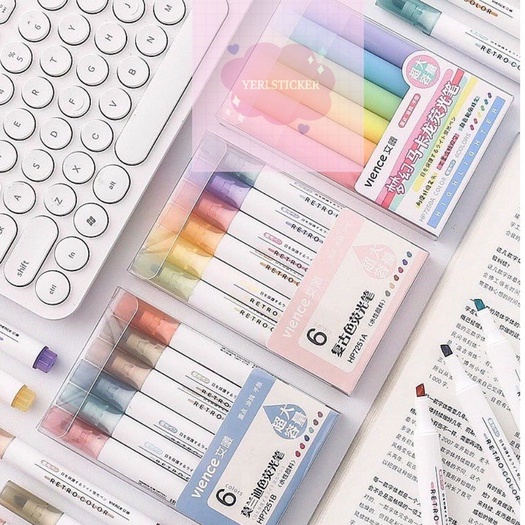 Set bút highlight 6 cây màu pastel, retro (màu đều khác nhau) hộp cứng, trang trí sổ bullet journal, highlight bài học