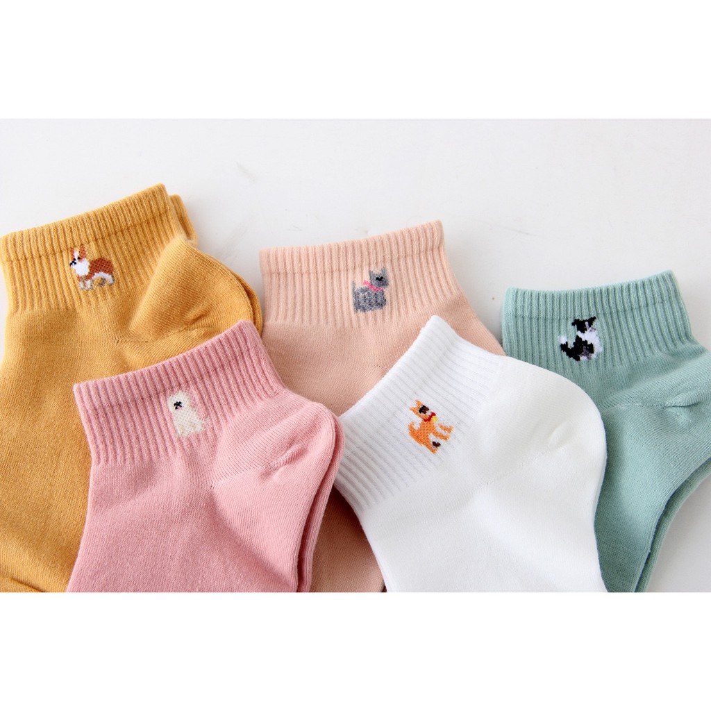 Vớ Ngắn Logo Chó Tất Nữ Cổ ngắn Màu trơn hình mini Cotton Ulzzang Hàn Quốc Tất Cố thấp Nữ Dễ thương Nhật Bản