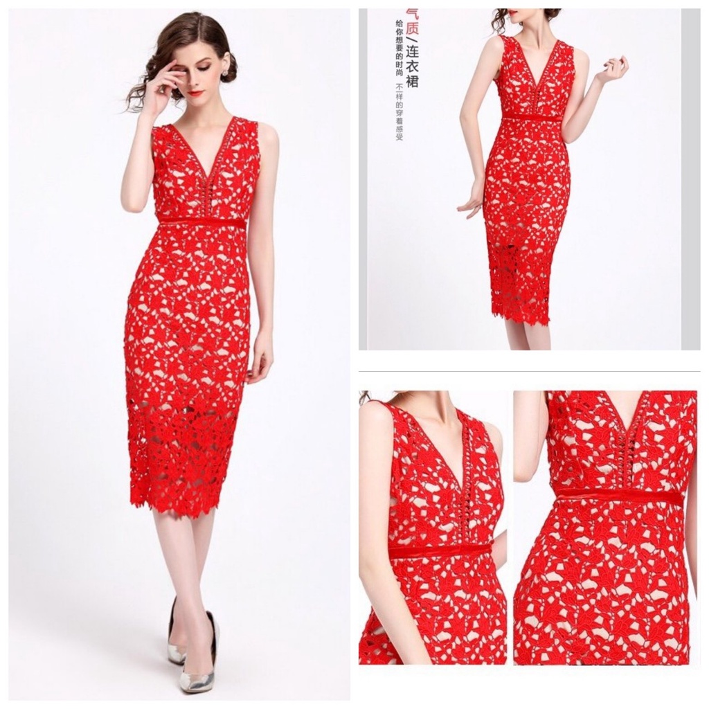 Đầm Ren Ôm Body Đỏ Cổ V Cực Xinh XB4323