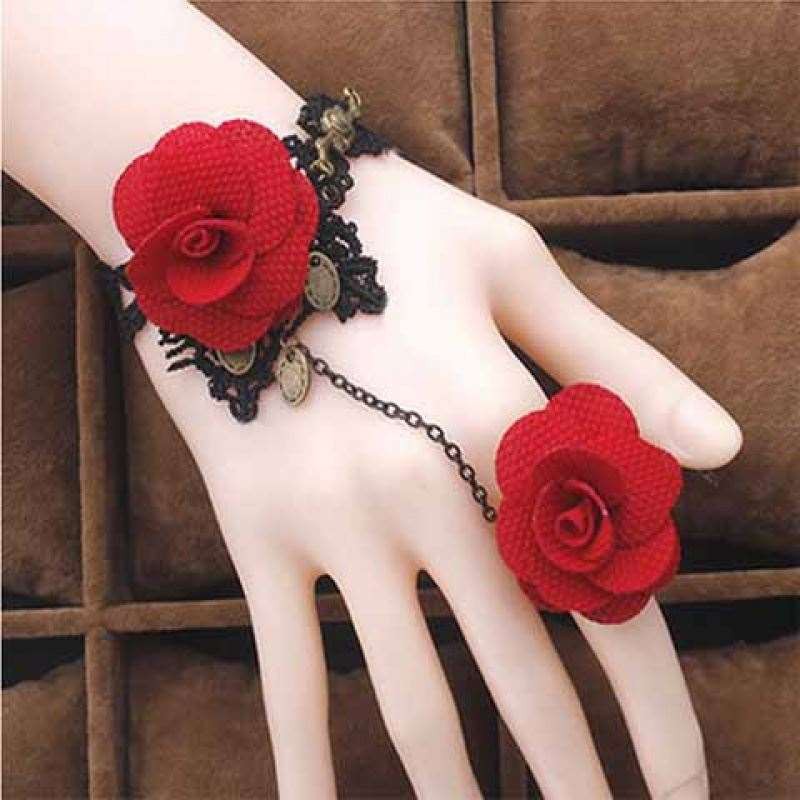 Vòng tay choker nữ chất liệu vải ren hoa hồng liền nhẫn sang chảnh