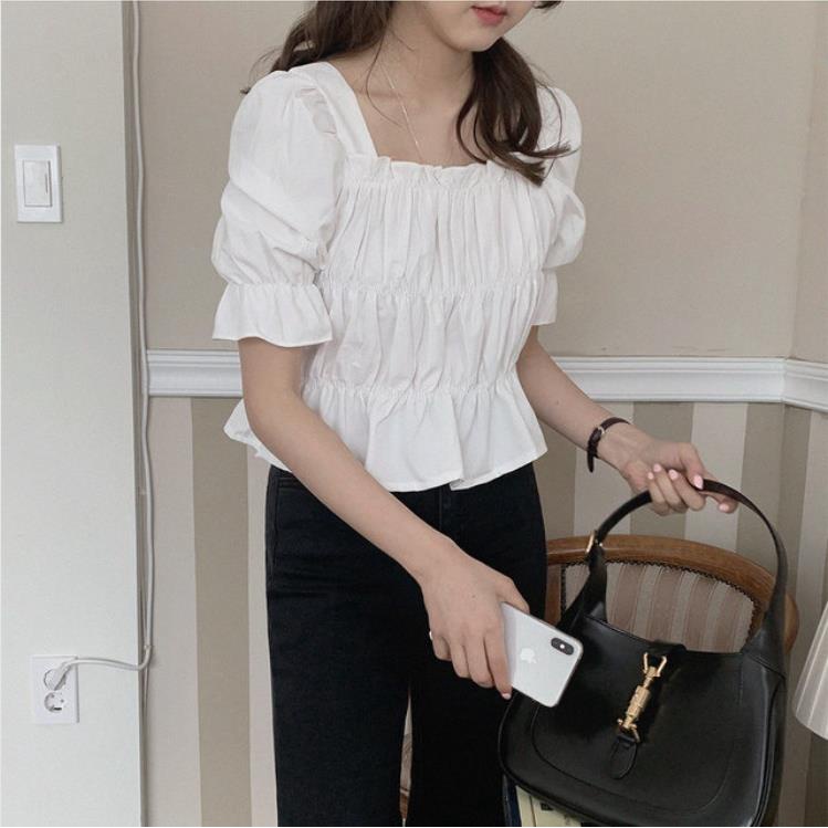 Áo Sơ Mi Tay Ngắn Cổ Vuông Màu Trơn Thời Trang Cho Nữ