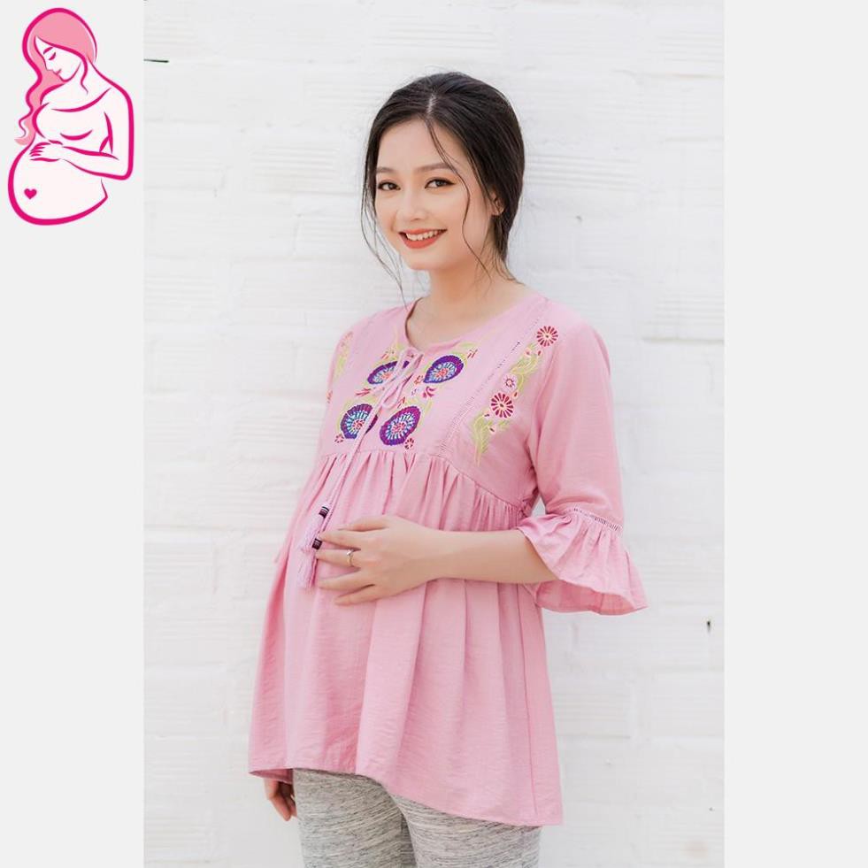 Áo bầu cổ xẻ thêu hoa tay bèo phối ren hồng ruốc Cao cấp
