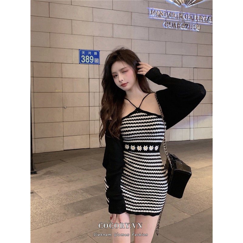 Cocory vn Đầm Dệt Kim Hai Dây Hở Vai Kẻ Sọc Thời Trang Retro Quyến Rũ Cho Nữ