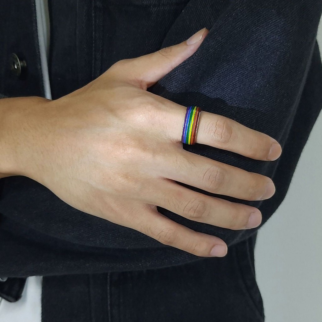 8mm Stainless Steel Enamel Rainbow LGBT Pride Ring US  7 Size  17.4mm