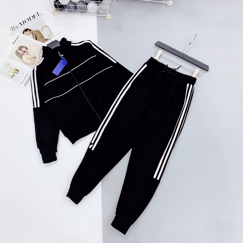 Set thể thao nữ màu đen phối sọc trắng gồm áo có khoá và quần bo ống năng động (ảnh thật ở cuối)