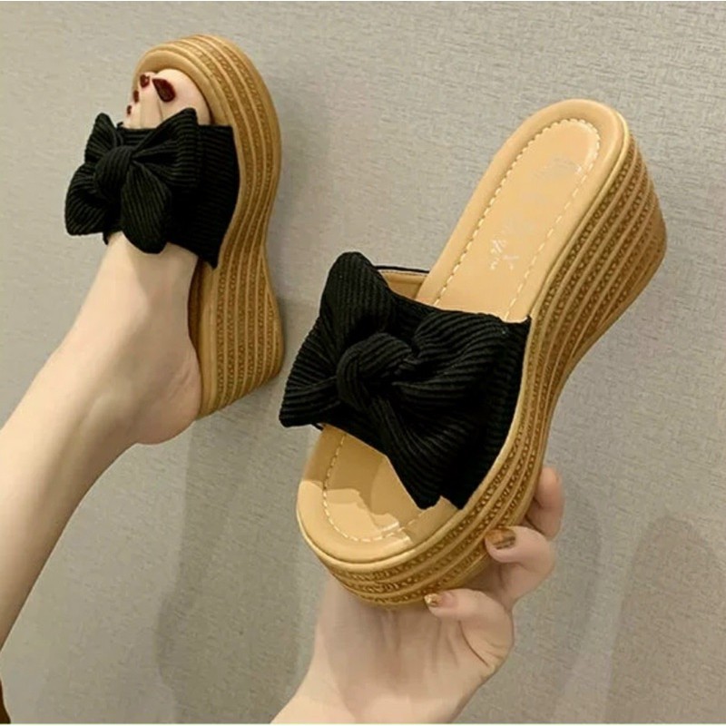 DÉP ĐẾ XUỒNG QUAI NGANG NƠ THẮT CAO 7cm HÀNG QUẢNG CHÂU
