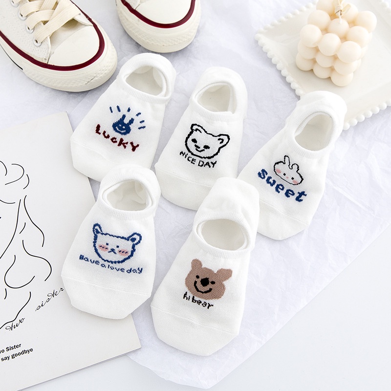 Tất vớ nữ lười nửa bàn chân hoạ tiết gấu thỏ trắng phong cách Hàn Quốc dễ thương
