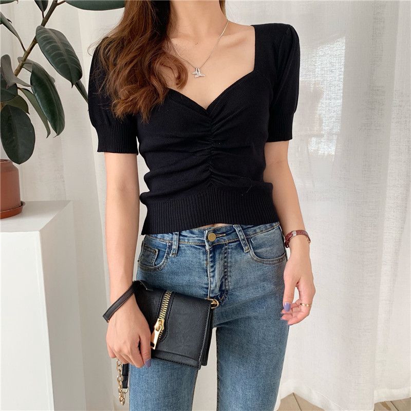 Áo vải dệt nhún ngực màu trơn thời trang cho nữ