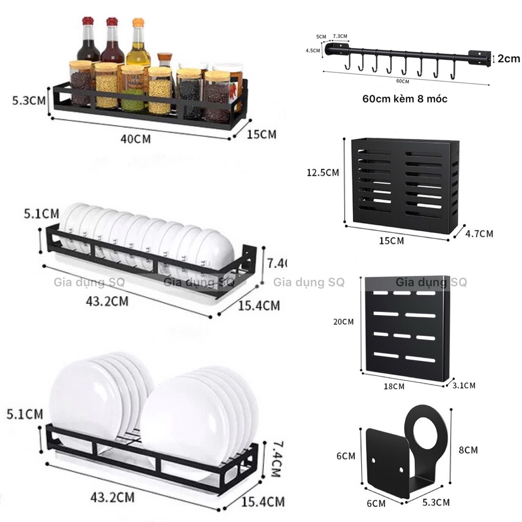 Bộ kệ nhà bếp dán tường inox Sơn tĩnh điện màu đen gồm kệ gia vị, kệ chén, giá để dao, kệ để thớt, móc treo muỗng | BigBuy360 - bigbuy360.vn