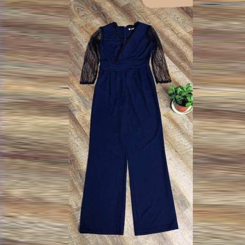 [Hàng thiết kế giá sỉ ]Jumsuit Dài Xanh Navy Ống Suông Tay Phối Ren Lưới Thời Trang - TP1861 hàng vnxk