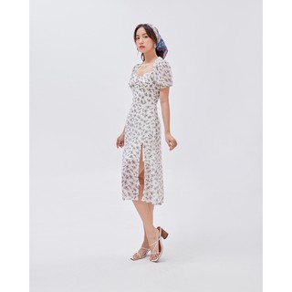 SheByShj - Đầm maxi hoa nhí tay bồng màu trắng