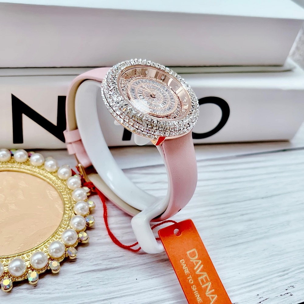 Đồng Hồ Nữ Davena 32091 Dây Da Hồng Rose Gold Chính Hãng 39mm