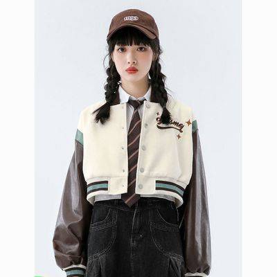Áo Khoác Bóng Chày Ngắn Thêu Chữ Và Hoa Hồng Phong Cách Retro Đường Phố Mùa Xuân Thu Mới