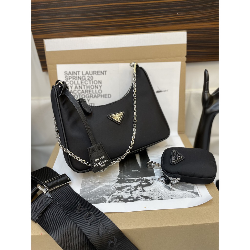 Túi Prada kèm ví vải dù super màu đen size 22cm