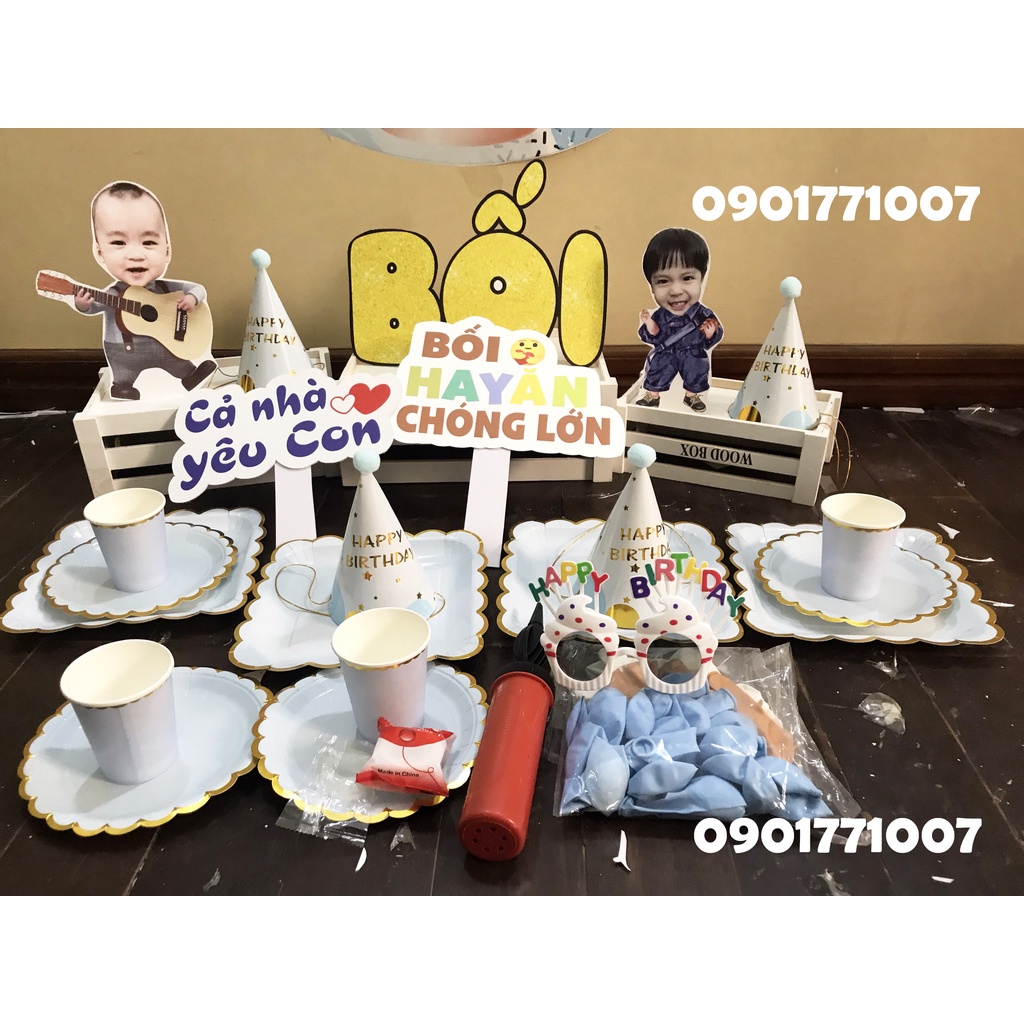 Set trang trí sinh nhật Mon Party combo phụ kiện sinh nhật cho bé 1 tuổi kèm hình chibi, bóng bay đầy đủ