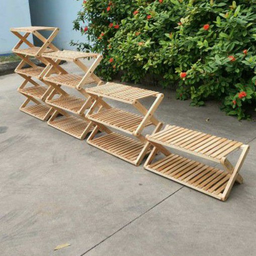 Kệ  Chữ X Đa Năng, Trồng Cây Trang Trí, Để Dép 3 Tầng Bằng Gỗ Cao Su Cao Cấp