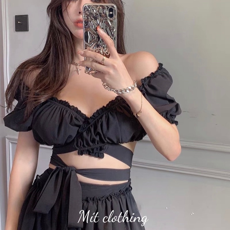 Áo kiểu nhún bèo cột eo croptop