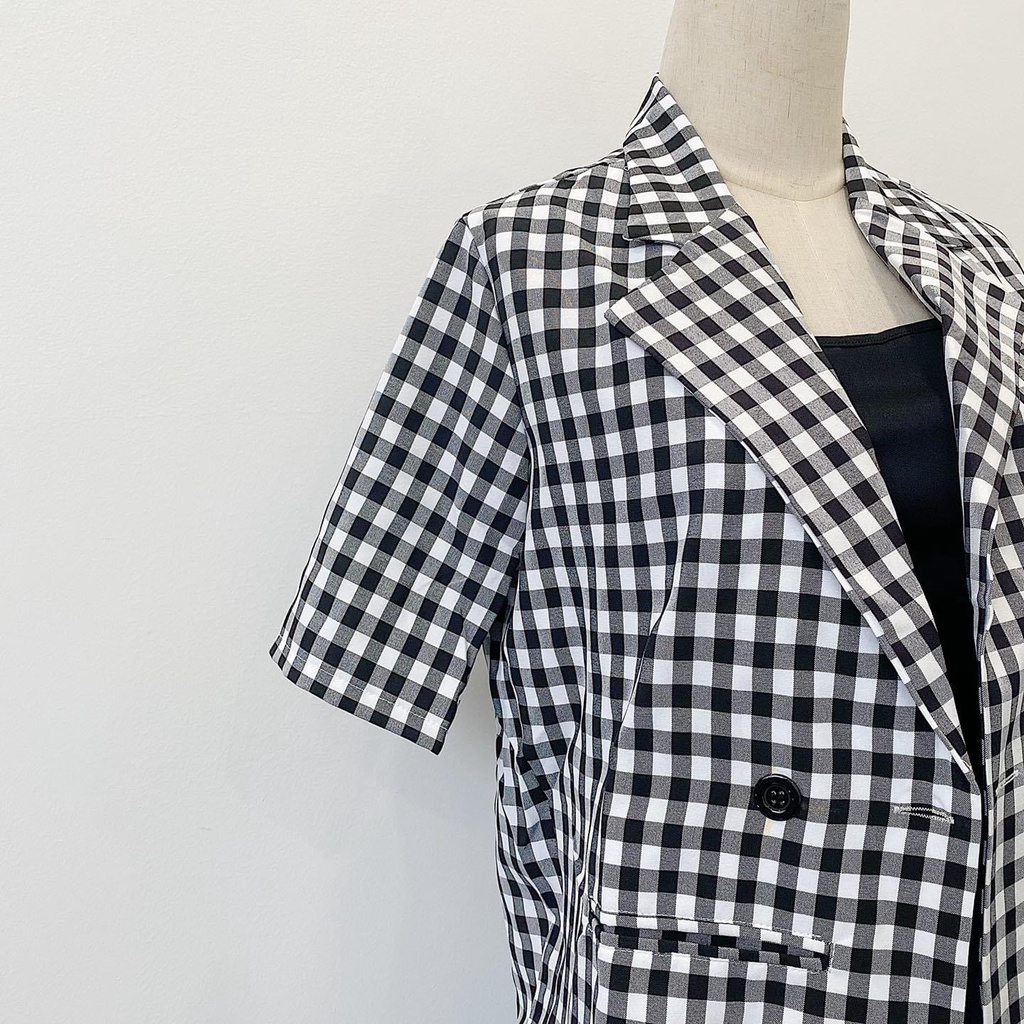 Áo BLAZER nữ TAY NGẮN túi nắp, áo vest khoác ngoài họa tiết caro, áo vest 1 lớp style Hàn Quốc | BigBuy360 - bigbuy360.vn