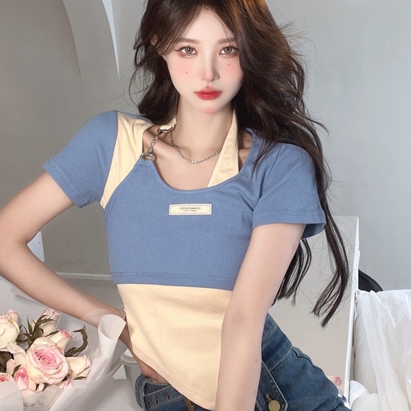 【ZHELIHANGFEI】 Áo Thun Tay Ngắn Giả Hai Lớp Màu Sắc Tương Phản