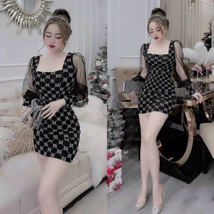 Đầm Ôm Body In Họa Tiết Tay Dài Phối Lưới Duyên Dáng[Hàng Thiết kế Chuẩn Shop]