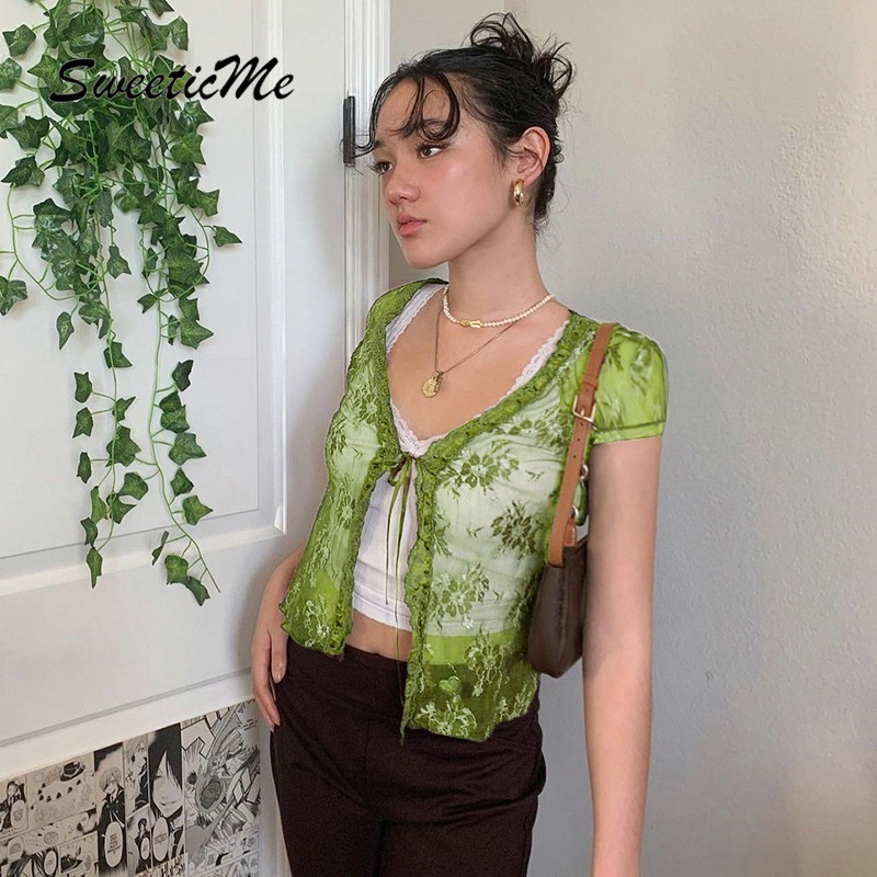 Áo Thun Cardigan Phối Ren Lưới Tay Ngắn Dành Cho Nữ