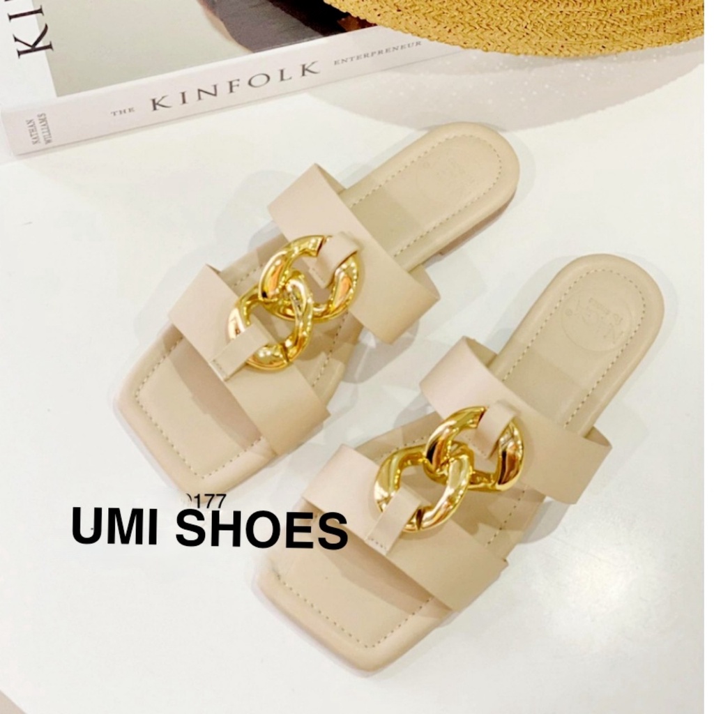 [NOWSHIP HN] Dép nữ quai ngang móc khóa xích dọc sáng chân mũi vuông đế bệt thời trang nhẹ nhàng mới hot đẹp xinh trắng