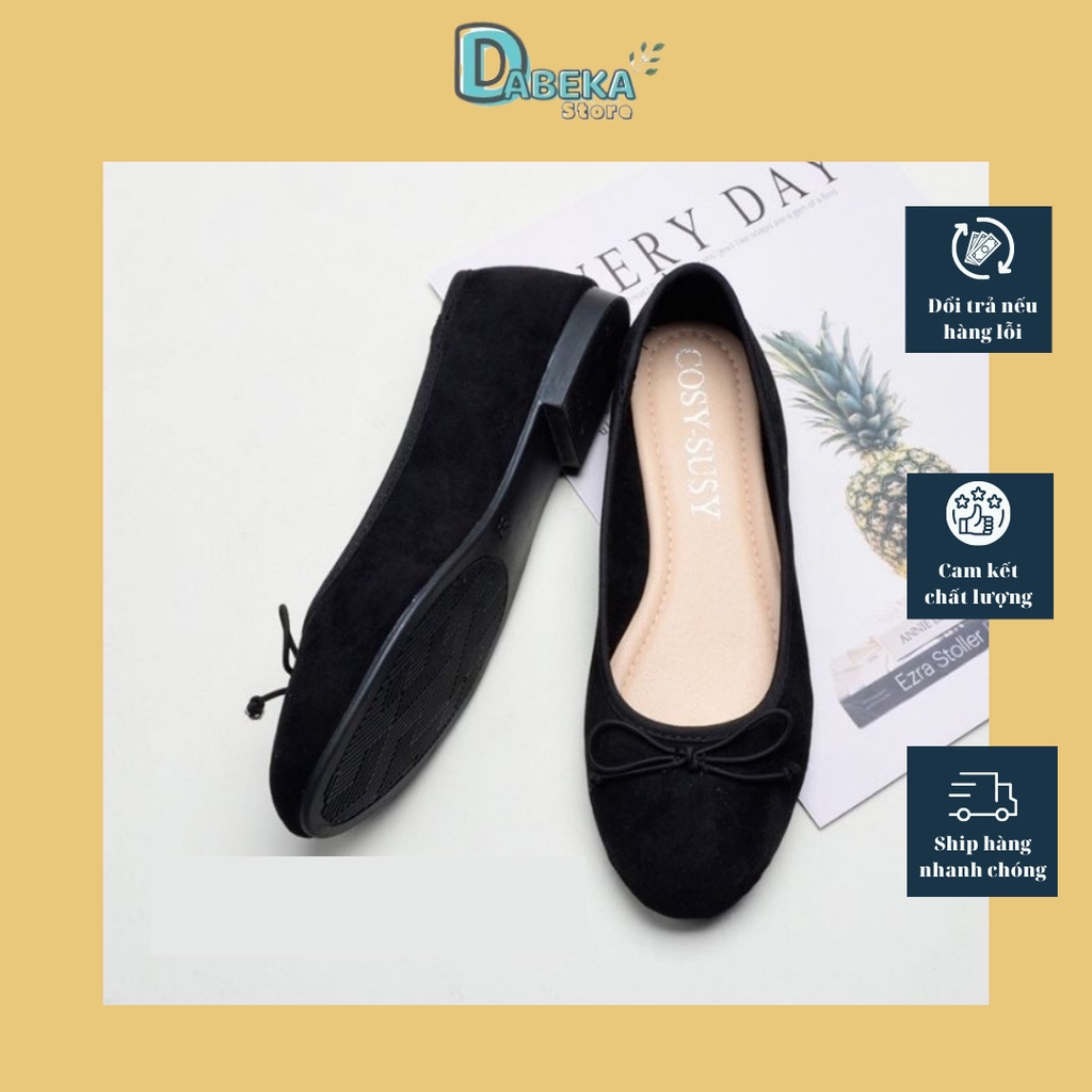 Giày Búp Bê Nữ Đế Bằng Mũi Tròn Dây Nơ Đen Trơn Siêu Xinh - Giày Đế Bệt Nhung Bít Mũi Phong Cách Đơn Giản - Dabeka- G010