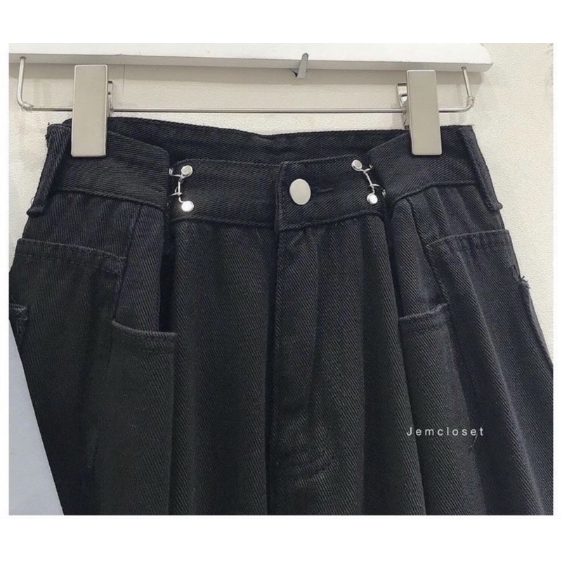 Quần jeans suông cotton cạp cao kèm khuy cài eo phom rộng dễ mặc