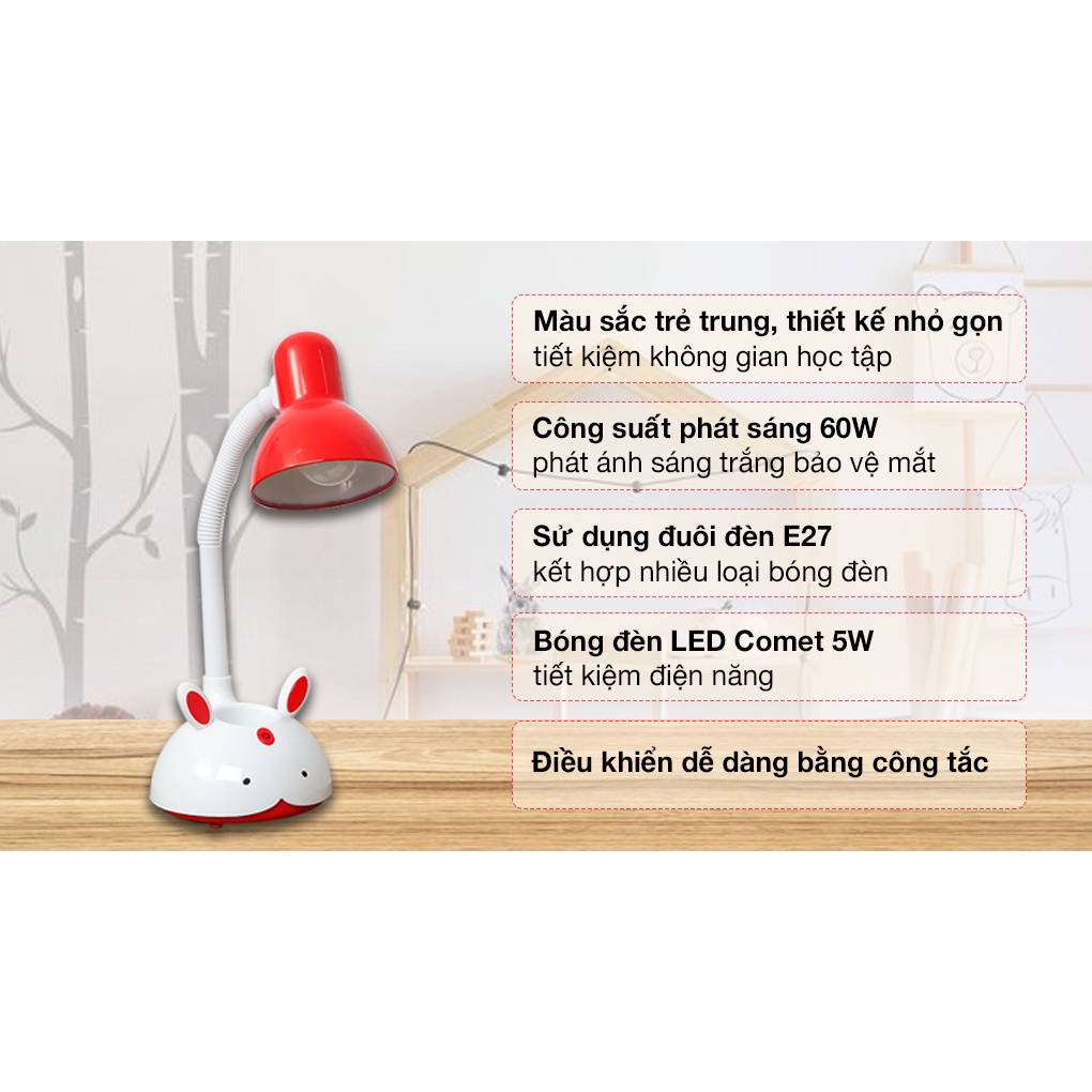 Đèn bàn học sinh bảo vệ mắt, đèn led ánh sáng vàng tiết kiệm điện COMET CT411 5W màu xanh/ đỏ