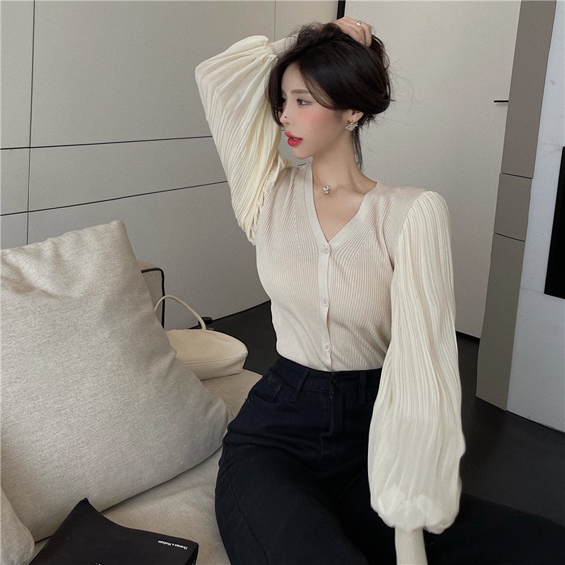 QKOOLE  Áo khoác cardigan dệt kim tay phồng dáng rộng phong cách Hàn Quốc thời trang cho nữ