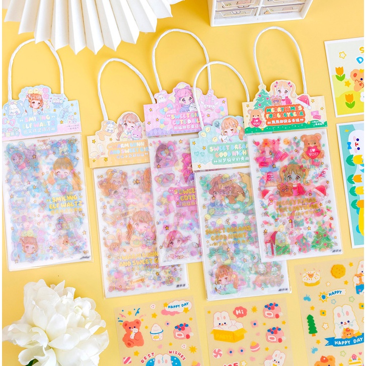 Túi Sticker Có Quai Xách Hình Cô Gái / Thỏ/ Gấu - Set 3 Tấm Sticker Phong Cách Hàn Quốc Siêu Dễ Thương