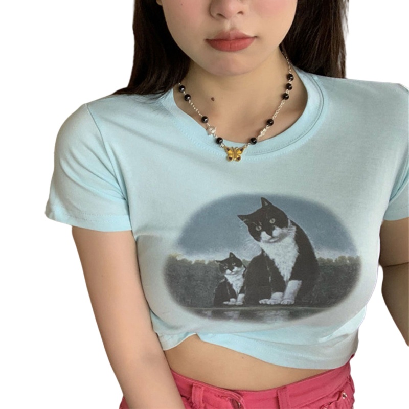 Áo Thun Crop Top Tay Ngắn Cổ Tròn In Họa Tiết Hoạt Hình Thời Trang Cho Nữ