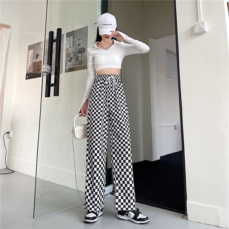 Quần Dài Kẻ Sọc Đen Trắng Đơn Giản Dành Cho Phụ Nữ Thắt Lưng Cao Quần Ống Rộng Thẳng