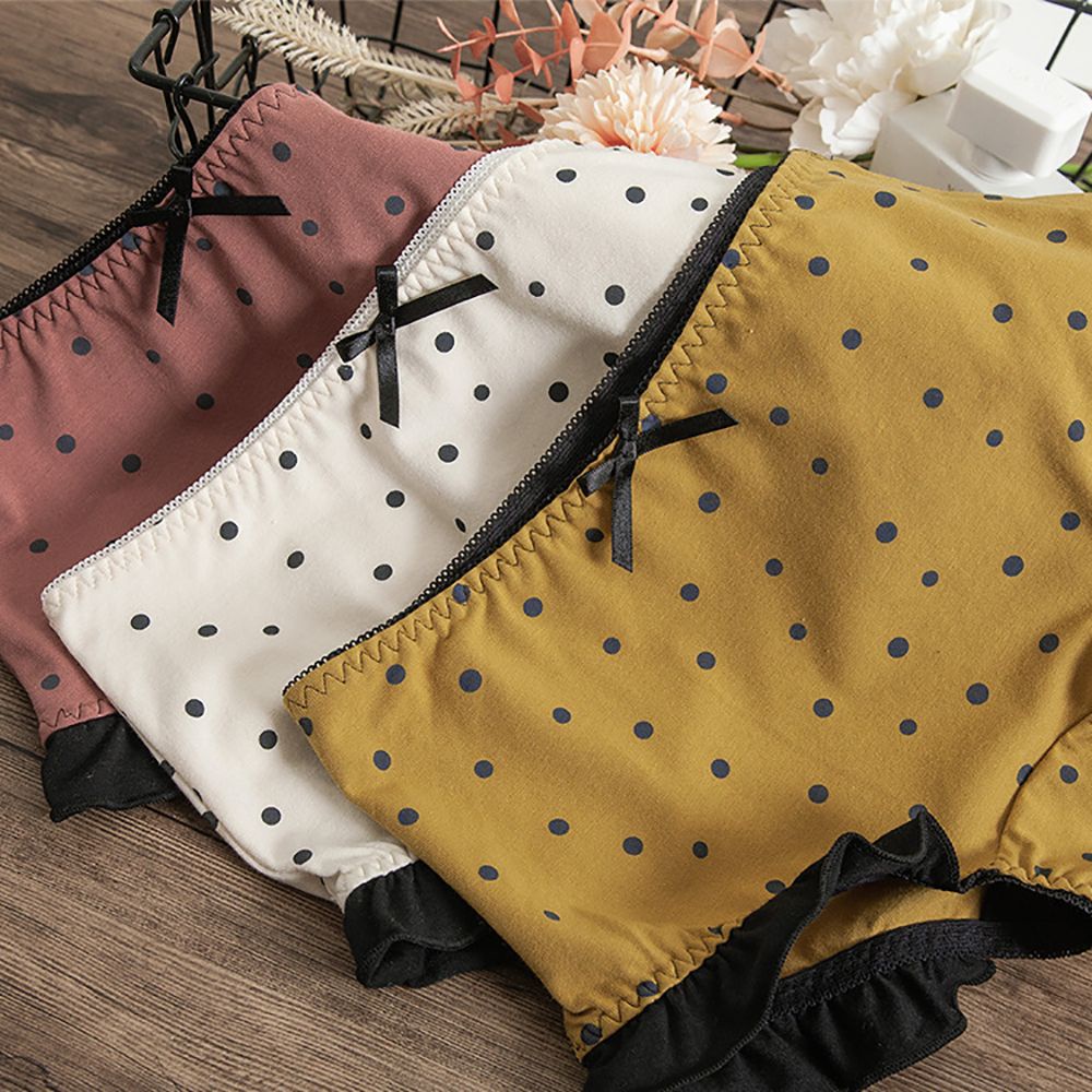 Quần lót cotton lưng cao trong suốt thoáng khí họa tiết chấm bi đính nơ dễ thương cho nữ