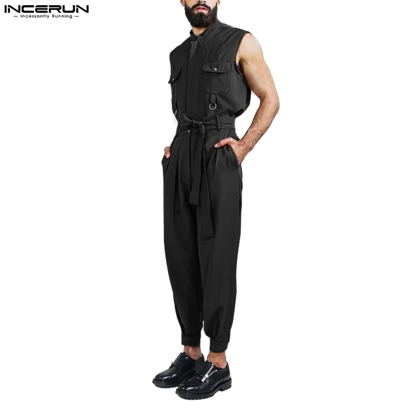 Áo liền quần INCERUN sát nách màu trơn có dây thắt lưng dành cho nam