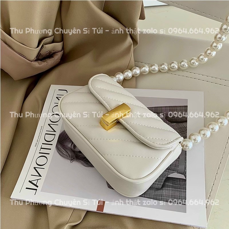Túi đeo chéo dây ngọc khoá bấm trần chỉ chéo siêu xinh