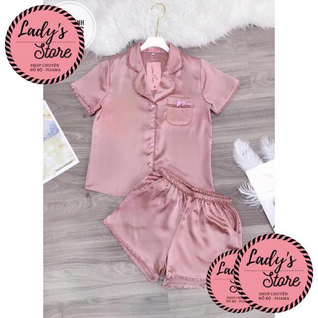 Đồ bộ nữ pijama áo cộc quần đùi kiểu dáng viền bèo dễ thương chất liệu satin JUSOKA