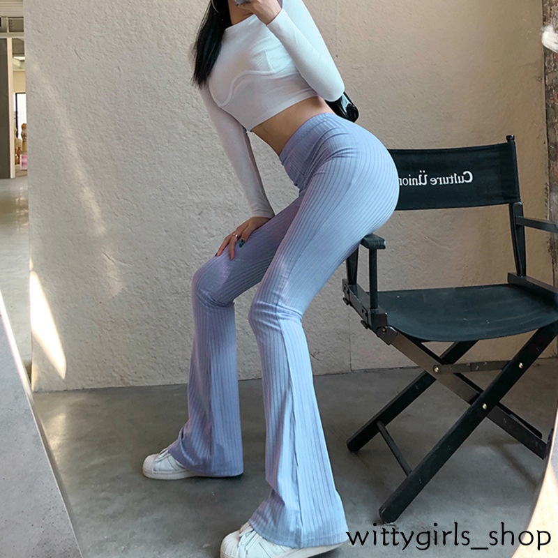 Wittygirls_shop | Quần Dài Lưng Cao Màu Sắc Trơn Phong Cách Quyến Rũ