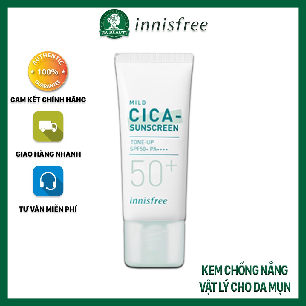 Kem chống nắng vật lý dịu da cho da mụn innisfree True Mild Cica Inorganic Sun Cream SPF50+ PA++++ Small Volume 35ml