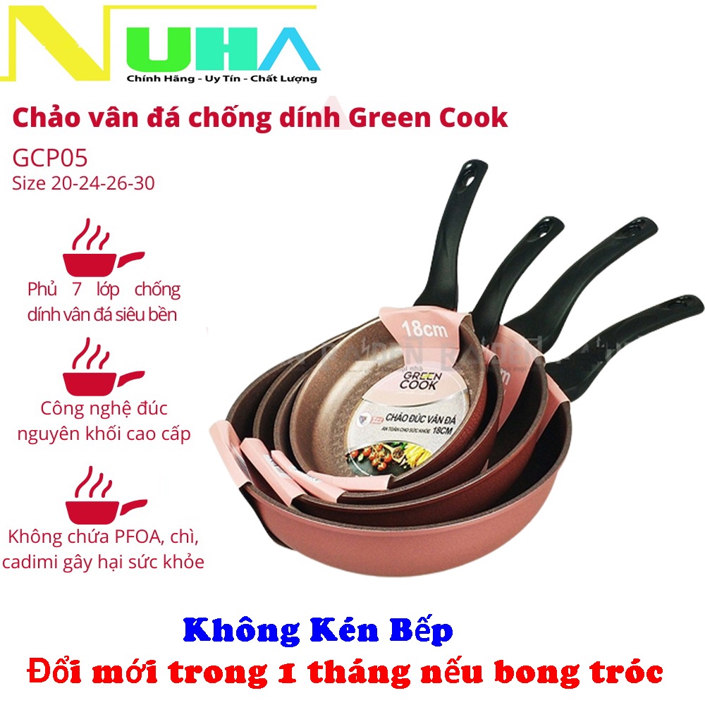 Chảo  chống dính đúc vân đá đáy từ dày 7 lớp Green cook GCP05 size 18/20/26/30cm dùng được mọi loại bếp, chuẩn hình