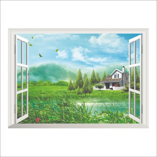 Miếng Dán Tường Hình Cửa Sổ 3D Khung Cảnh Bầu Trời, Khu Rừng Và Cỏ Xanh