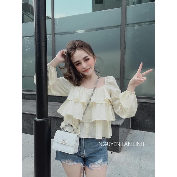 Áo Đũi Cổ Vuông Xếp Bèo Tầng Khuy Ngọc Tiểu Thư Có Ảnh Thật